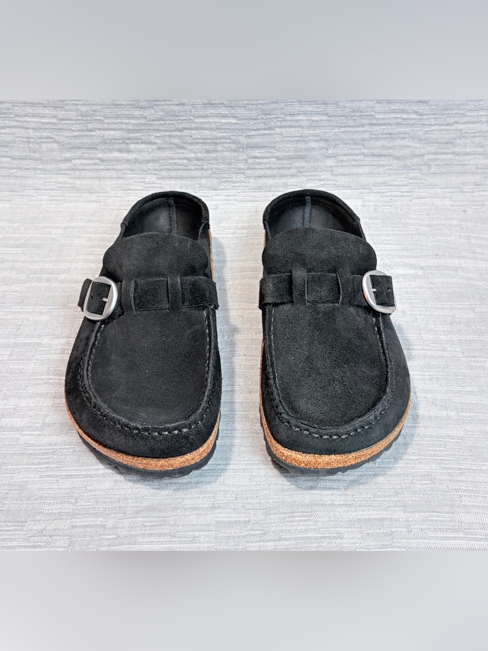 Birkenstock Buckley black suede moccasin clogs